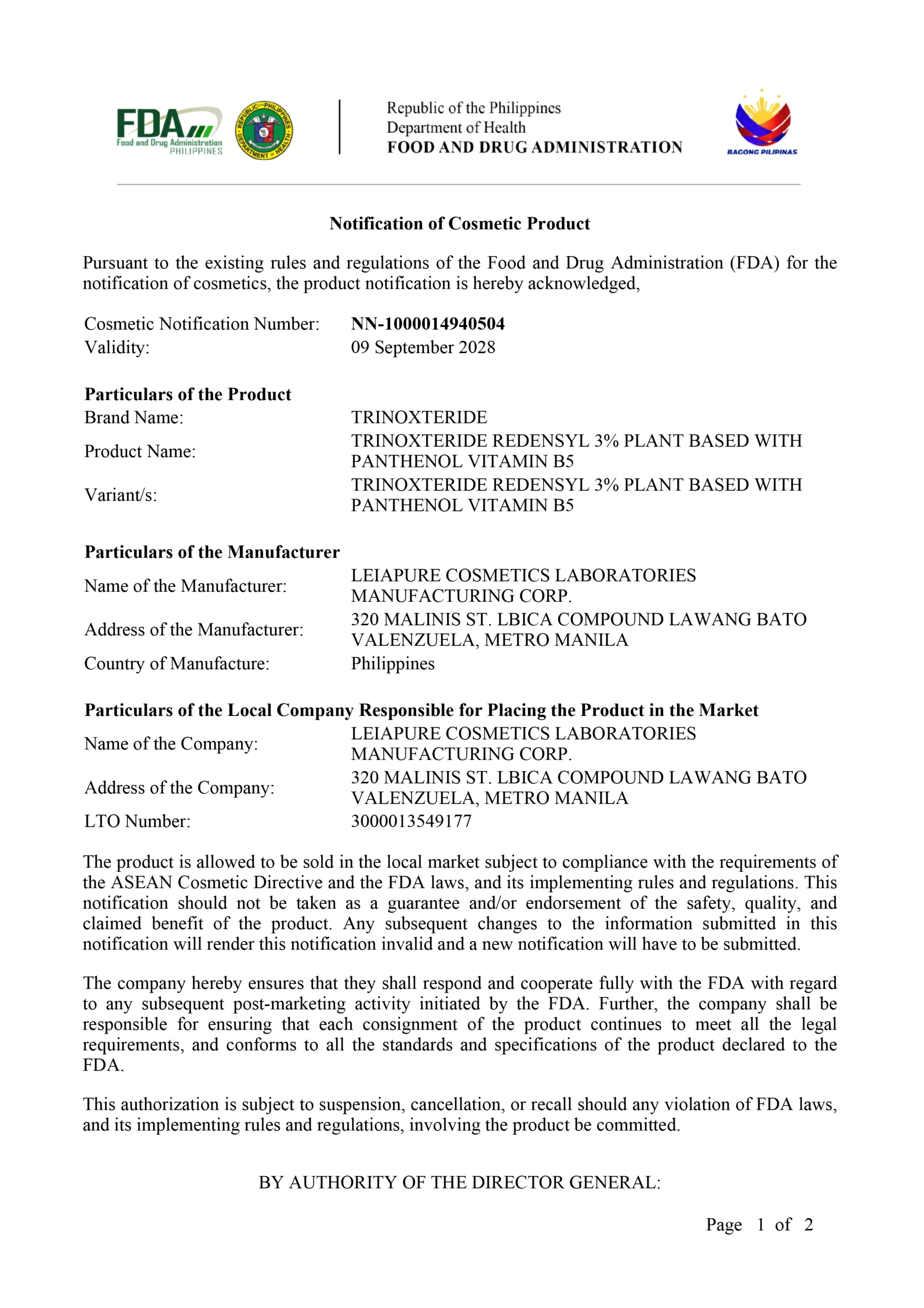 FDA Certificate NN-1000014940504 – Trinoxteride Redensyl 3% Plant-Based with Panthenol Vitamin B5